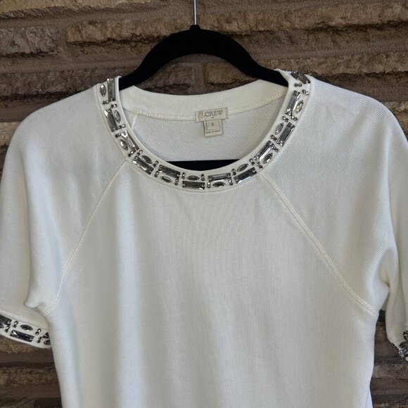 J. Crew White Knit Beaded Jeweled Neckline Short Sleeve Sweater Size Small - Picture 6 of 8